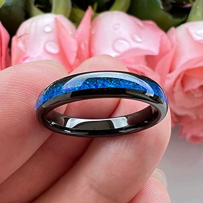 TUTISS 4mm Silver/Black Tungsten Rings for Women Men Engagement Wedding Bands Genuine Blue Green Galaxy Opal Inlay Domed Polished Comfort Fit - color: 4mm Black Tungsten Blue Opal