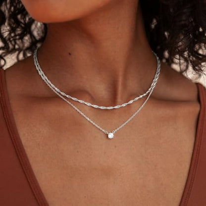 Layered Gold Necklace Set for Women Dainty Waterproof Cute Choker | 14K Gold Plated Minimalist Non Tarnish Lightweight CZ Pendant Pearl Twist Paperclip Chain Jewelry Gifts - style: 2PCS-Dotchain zircon-SL