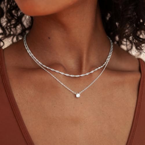 Layered Gold Necklace Set for Women Dainty Waterproof Cute Choker | 14K Gold Plated Minimalist Non Tarnish Lightweight CZ Pendant Pearl Twist Paperclip Chain Jewelry Gifts - style: 2PCS-Dotchain zircon-SL