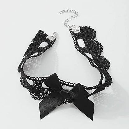 Asphire Sexy Lace Bow-knot Collar Choker Necklace Kawaii Lolita Heart Flower Choker Tie Cravat Jewelry Gift for Women Girls - color: Black