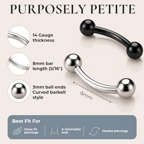 Forbidden Body Jewelry Surgical Steel Petite Belly Button Rings Curved Navel Barbell Set 14G 5/16 Inch 3mm End Balls - style: Steel/Black
