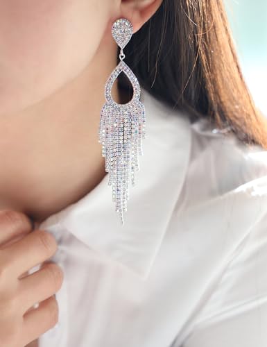 BaubleStar Rhinestone Teardrop with Long Tassel Earrings Sparkly Dangle Earrings for Women - color: Silver