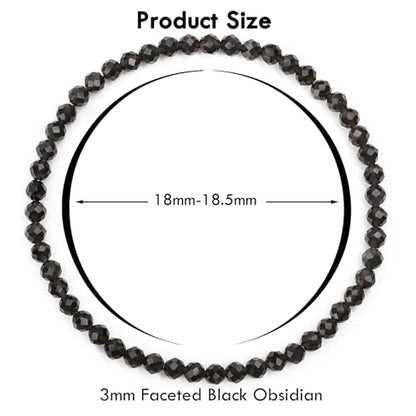 BONNY BOXX Natural Genuine Gemstone Faceted Round Beads Bracelets, 3mm Adjustable Stretchy Tiny Faceted Black Tourmaline Bracelet, Healing Crystal Reiki Chakra Dainty Jewelry Fashion Gifts - color: Black Obsidian