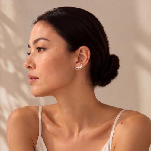 Ear Climber Earrings for Women, 14K Gold Plated/Silver Plated | Crawler Earrings Pierced with Cubic Zirconia, Hypoallergenic Cluster Stud Tragus Conch Daith Cartilage Jewelry Gift for Daily - color: Silver-2
