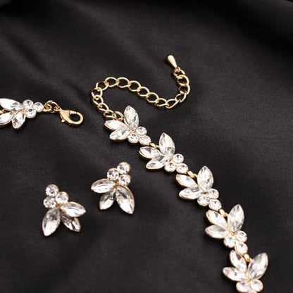 Bridal Wedding Crystal Leaf Choker Necklace Dangle Earring Bracelet Brides Bridesmaid Jewelry Set for Women - color: White-Gold Plated