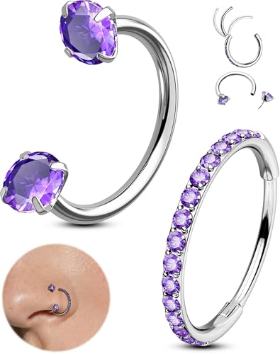 OUFER 2PCS Nose Rings Hoops, 20g Double Gem Horseshoe Threadless Nose Rings for Women, Septum Clicker Daith Tragus Helix Rook Eyebrow Lip Piercing Jewelry - color: Silver Purple CZ