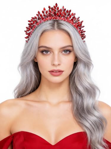 Bridal Rhinestone Headband Wedding Hair Accessories for Women, Pearl Crystal Headband Wedding Costume Headpieces for Brides Princess Quinceanera Christmas Party Prom Birthday(Red) - color: Red