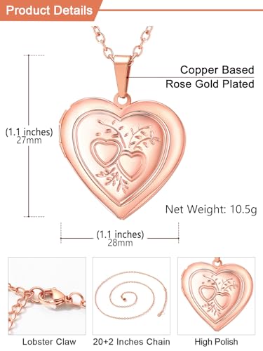 U7 Women Locket Necklace, Heart Photo Lockets Hold Picture, Gift Box Packed | Gold/Silver/Rose Locket Charm, Custom Picture and Engravement Heart Pendant, 20" Chain, Personalized Gift for Mom Wife Friend - color: 03# Rose Gold*2 Heart