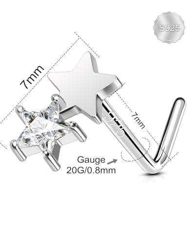 925 Sterling Silver Nose Studs 20G L Shape Nose Rings Star Clear CZ Nose Piercing Jewelry Surgical Steel