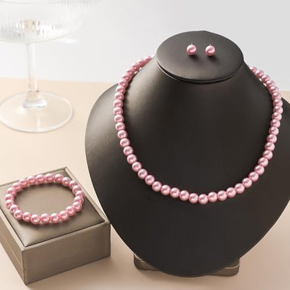 FORUBUS Imitation Pearl Jewelry Set for Women, 8mm Pearl Bead Necklace Earrings and Bracelet 3-Piece Set, 18" Round Faux Pearl Strand for Wedding, Bridal, Prom - color: Pink