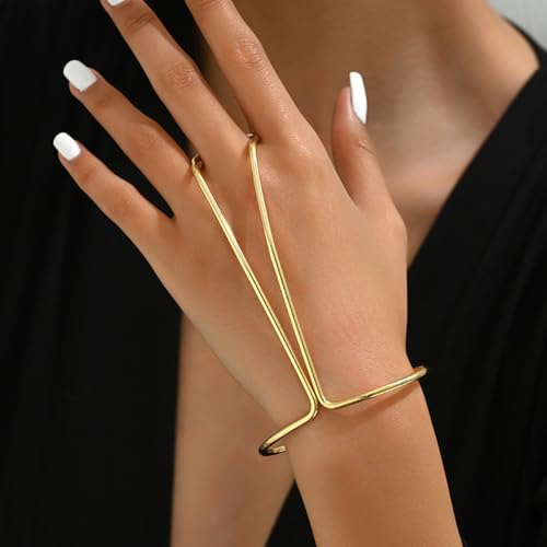 Gold Hand Ring Bracelet for Women Minimalism Trendy Adjustable Bracelet Open Cuff Bangle Jewelry Dainty Body Wrist Bracelet Middle Finger Ring