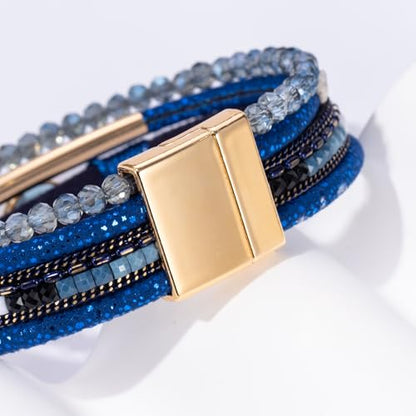 Boho Leather Wrap Bracelets Beaded Stackable Cuff Bracelet Country Concert Outfits Cowboy Cowgirl Western Jewelry Gifts for Women - color: Crystal-Blue