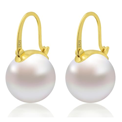 HUGE TOMATO 925 Sterling Silver Simulated Shell Pearl Earrings for Women Trendy, Big Pearl Drop Earrings Leverback Stud,18K Gold Plated Large Pearl Hoop Dangle Hypoallergenic Jewelry 14mm - color: White