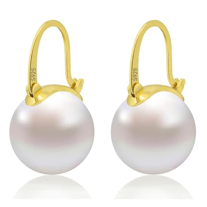 HUGE TOMATO 925 Sterling Silver Simulated Shell Pearl Earrings for Women Trendy, Big Pearl Drop Earrings Leverback Stud,18K Gold Plated Large Pearl Hoop Dangle Hypoallergenic Jewelry 14mm - color: White