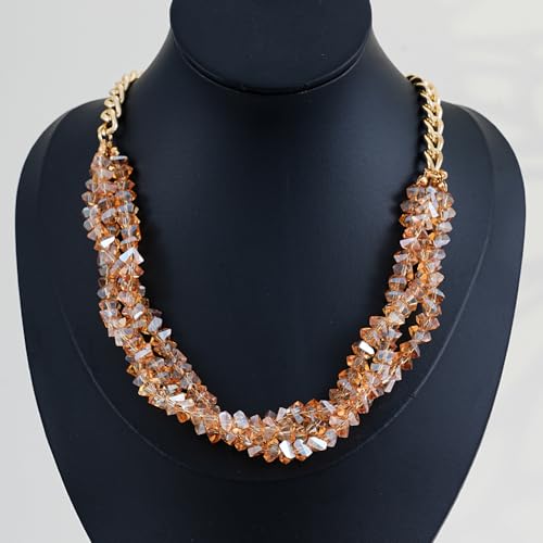 Crystal Statement Necklace with Gold Chain, Black and Clear Crystal Clusters, Chunky Curb Link Design, Fashion Jewelry for Women - color: Crystal yellow