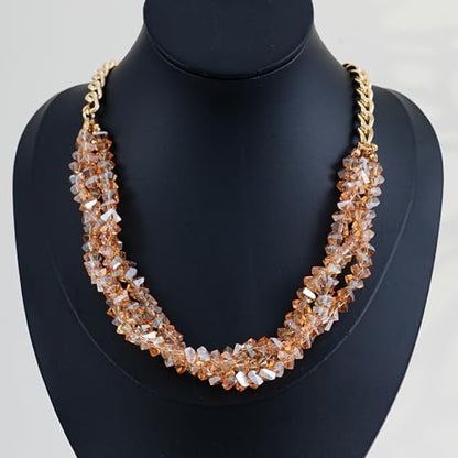 Crystal Statement Necklace with Gold Chain, Black and Clear Crystal Clusters, Chunky Curb Link Design, Fashion Jewelry for Women - color: Crystal yellow