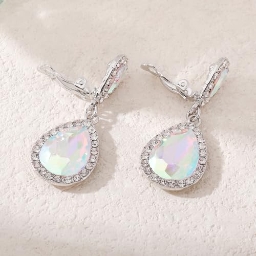 Classic Austrian Crystal Tear Drop Clip on Dangle Earrings for Women - color: ab,silver