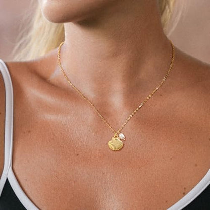 Shell Starfish Charm for Women, Dainty Layered 14K Gold Plated Seashell Conch Starfish Pearl Pendant Necklace for Women Stack Trendy Beach Cuban Link CZ Chain Necklace Summer Vacation Jewelry - color: Shell Pearl Necklace