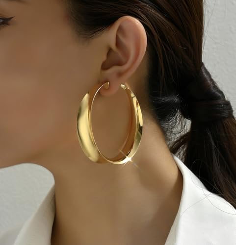 Big Gold Chunky Hoops Earrings for Women Trendy Large Wide Post Thick Drop Dangle Earrings Minimalist Statement Earrings Party Jewelry Gift - color: Small-Gold