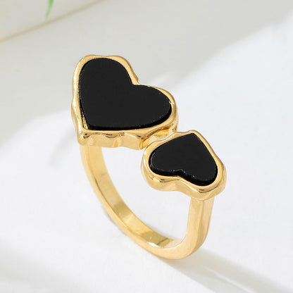 Retro Enamel Double Hearts Open Statement Ring for Women Fashion Simple Asymmetry Love Hearted Wrap Finger Knuckle Adjustable Bands Rings Gold Plated Wedding Eternity Promise Engagement Jewelry - color: Black