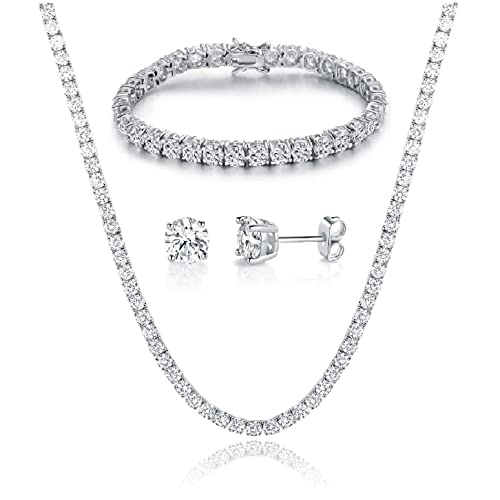 18K White Gold Plated Tennis Necklace/Bracelet/Earrings Sets Pack of 3 - style: 4.0mm with 7In bracelet&18In necklace