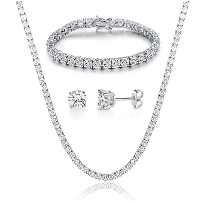 18K White Gold Plated Tennis Necklace/Bracelet/Earrings Sets Pack of 3 - style: 3.0mm with 7.5In bracelet&18In necklace