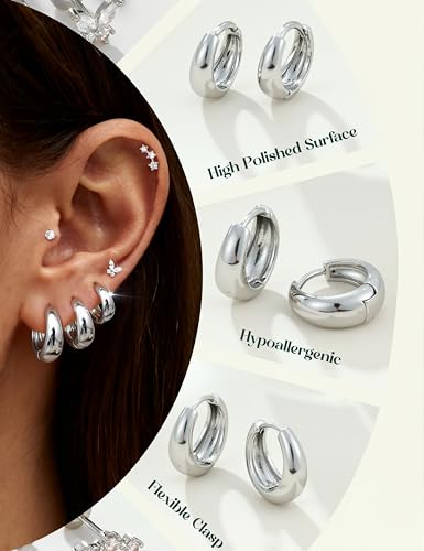 ADRAMATA Hypoallergenic Gold Earrings Stack for Women - 7Pairs Surgical Steel Small Chunky Huggie Hoops & Flat Back Stud Earrings Set Silver Cartilage Jewelry Trendy Christmas Gifts - style: Chunky - Silver