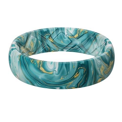 Egnaro Silicone Statement Ring Women, Floral Patterned Rubber Wedding Band | 5.2mm Wide 2mm Thick Printed Style, Inner Arch and Breathable X Grooves for Gym Workout Travel Work Pregnancy Daily Wear - color: SETC-Turquoise Swirl