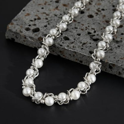 Gold/Silver Pearl Necklace for Men Faux Pearl Choker Necklace Beaded Adjustable Chain Gothic Chunky Beaded Statement Hip Hop Rock Party Festival Collar para Hombre Fashion Jewelry Gift for Men - style: Style-C-SV