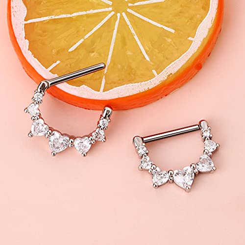 Melighting 2pcs 14G Nipple Rings Surgial Steel 316L Piercing Jewelry Shiny Heart Clear CZ Nipple Bars Rose Gold 14mm - color: white gold