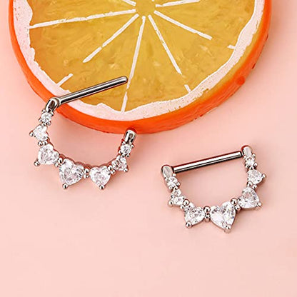 Melighting 2pcs 14G Nipple Rings Surgial Steel 316L Piercing Jewelry Shiny Heart Clear CZ Nipple Bars Rose Gold 14mm - color: white gold