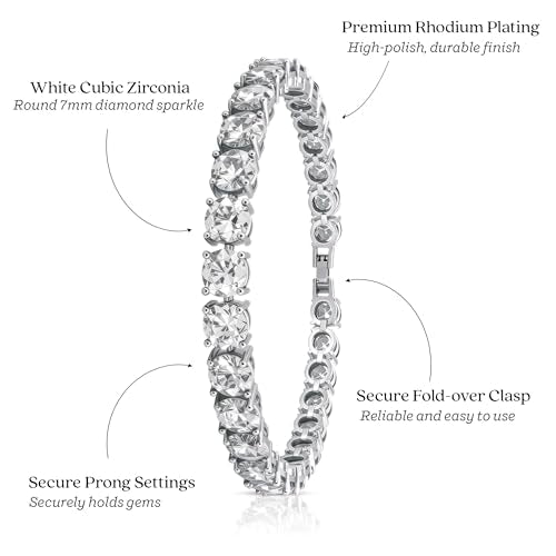 KEZEF Tennis Bracelet for Women, 7mm Round CZ, Silver Plated Brass, 6.5–8 Inch, Fold-Over Clasp - color: White CZ, size: 7 Inch