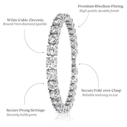 KEZEF Tennis Bracelet for Women, 7mm Round CZ, Silver Plated Brass, 6.5–8 Inch, Fold-Over Clasp - color: White CZ, size: 7 Inch