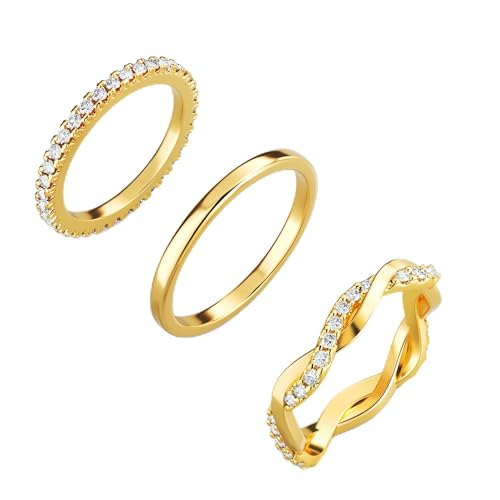 DEARMAY 14K Gold Plated Stackable Rings Set Women Non Tarnish | Dainty Diamond CZ Stackable Ring Set. Thin Thumb Fashion Pack, Unique Statement Jewelry Sizes 5-10. - size: 5