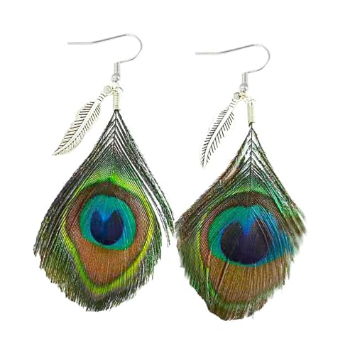 Peacock Feather Earrings for Women Native Handmade Lightweight Long Peacock Feather Boho Hook Earring Prom Party Festival Jewelry - color: Silver Leaf