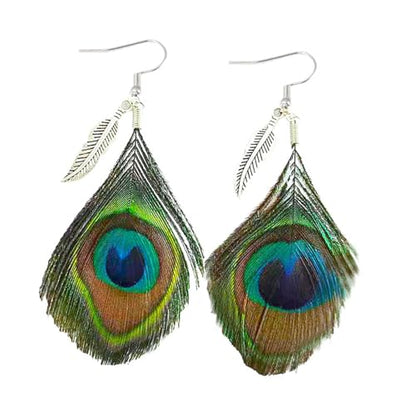 Peacock Feather Earrings for Women Native Handmade Lightweight Long Peacock Feather Boho Hook Earring Prom Party Festival Jewelry - color: Silver Leaf
