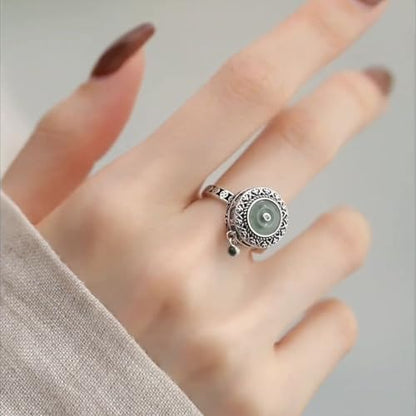 Adjustable Spinner Fidget Ring for Women - Vintage Ping An Buckle Amulet Rotating Ring, Green Jade & CZ Crystal Anxiety Relief Ring, Open Band Stress Relief Protection Jewelry, Unique Boho Gift for Her