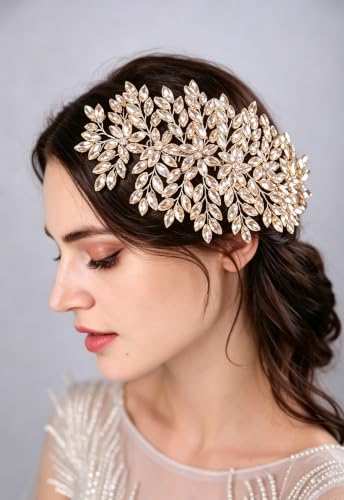 Bridal Rhinestone Hair Comb Large Rhienstone Wedding Headpiece Handmade Crystal Hair Comb for Bride Wedding Hair Accessories for Women (champagne) - color: champagne