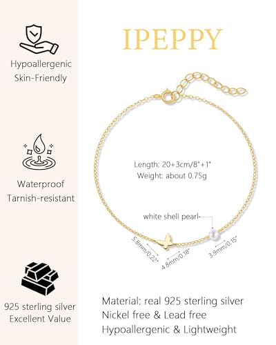 925 Sterling Silver Pearl Butterfly Ankle Bracelets for Women | Dainty Waterproof 14K Gold Plated Adjustable Anklets Hypoallergenic Summer Beach Body Chain Jewelry Gifts for Mother Daughter