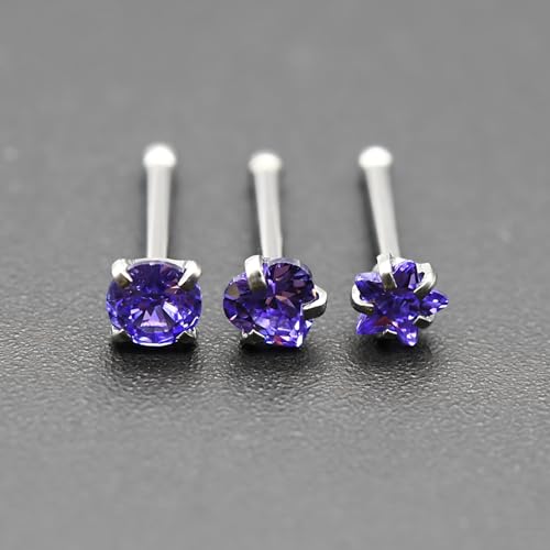 6-Piece Nose Piercing Studs Set, 20G Stainless Steel Nose Studs, 3mm Crystal Heart Star Round Shapes, 0.8x7mm Bone - color: Purple