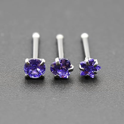 6-Piece Nose Piercing Studs Set, 20G Stainless Steel Nose Studs, 3mm Crystal Heart Star Round Shapes, 0.8x7mm Bone - color: Purple