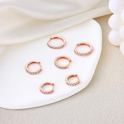 micuco 3 Pairs Small Hoop Earrings Tiny Cartilage Earrings for Women Men | Cubic Zirconia Earrings Huggie Hoop Ear Piercing Earrings for 8mm 10mm 12mm - color: 11# Rose Gold 8-10-12mm