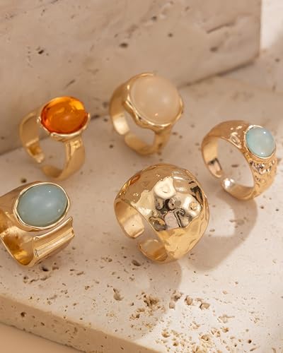 Chunky Gold Shell Starfish Ring Set for Women Trendy Gold Flower Scallop Seashell Starfish Gemstone Rings Adjustable Stacking Statement R-ings Non Tarnish Spring Summer Jewelry Accessories - color: A3:5 pcs