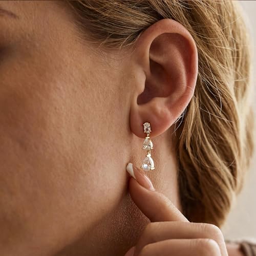 Dangle Drop Earrings for Women Wedding Bridal Rhinestone Long Cubic Zircon Dangling Crystal Chandelier Sparkly 14K Gold Plated Dainty Trendy Jewelry Gifts - color: Gold-3CZ Drop