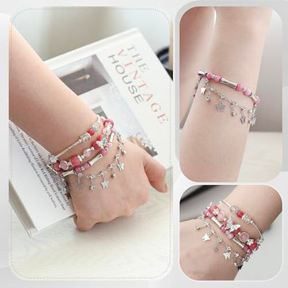 Besydec Stackable Boho Beaded Bracelets With Natural Stone & Pearl Heart & Clay Beads for Women,Adjustable Silver Jewelry - color: Pink