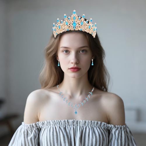 Crystal Crown and Tiara Jewelry Set for Women Bride with Necklace Earrings | Metal Rhinestone Royal Queen Princess Jewelry Set Wedding Quinceanera Pageant Prom Birthday Halloween Party Costume Gift - color: Style E-Light Blue