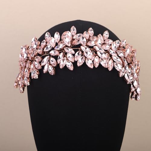Missgrace Women Silver Green Black Red Blue Handmade Full Crystal Rhinestone Large Headband Hair Vine Shinny Headpiece Bridal Wedding Hair Accessories for Women (Rose gold pink) - color: Rose gold pink