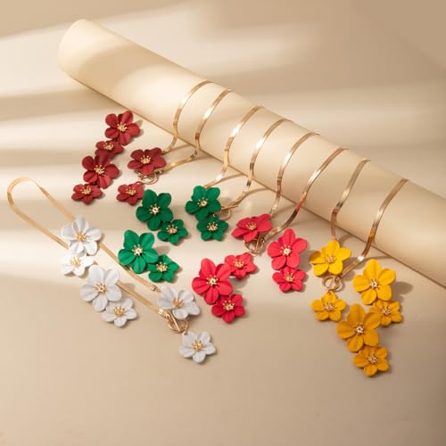 Colorful Flower Necklace Earrings Set for Women Gold Snake Chain Toggle Clasp Pendant Necklaces Dainty Double Flowers Statement Earrings Bridal Wedding Summer Beach Jewelry for Women - color: red