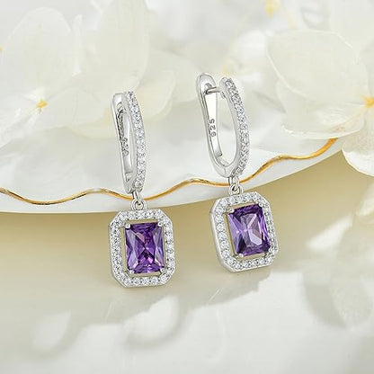 Women's Solitaire Dangle Drop Earrings 925 Sterling Silver Pure Square Huggie Earrings Hoop Dangle Drop Earrings Jewelry Gift - color: 02-amethyst-Feb