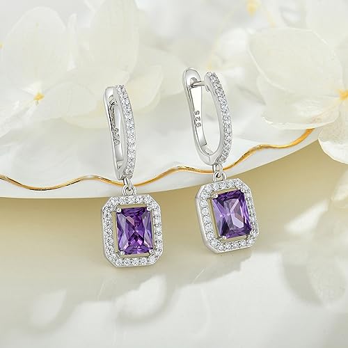 Women's Solitaire Dangle Drop Earrings 925 Sterling Silver Pure Square Huggie Earrings Hoop Dangle Drop Earrings Jewelry Gift - color: 02-amethyst-Feb